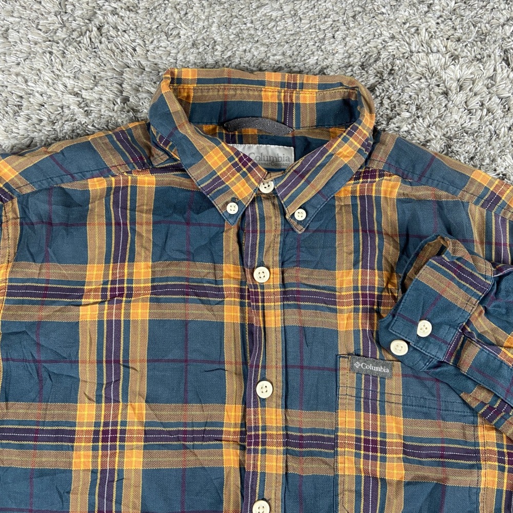 Columbia Rapid Rivers II Mens M Blue Orange Plaid Long Sleeve Shirt Stretch - Picture 1 of 11